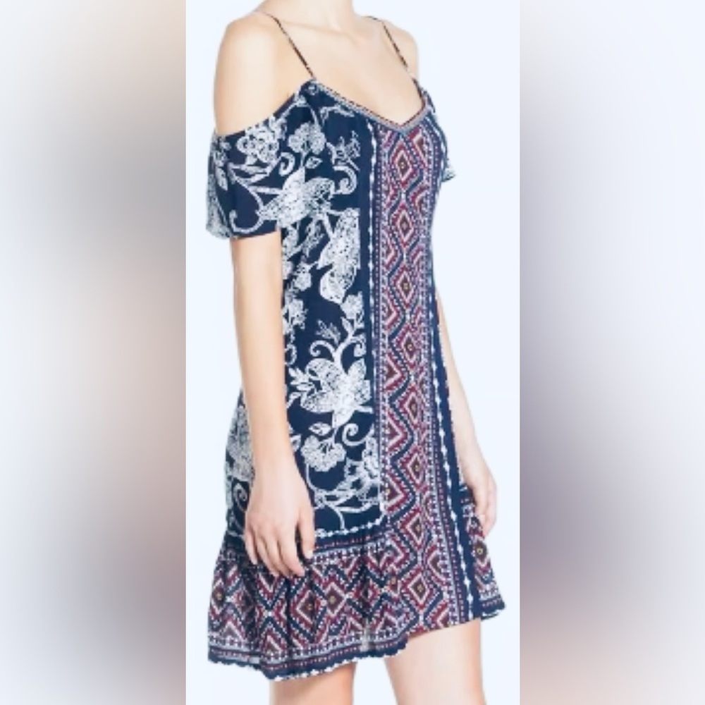 Band of Gypsies Cold Shoulder Patterned Mini Dress in Navy,Gold,Burgundy,Cream L